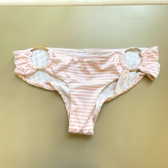 Victoria's Secret Other - New Victoria's Secret Swim Bikini Bottom Small Pink White Stripe Gold O Ring NWT